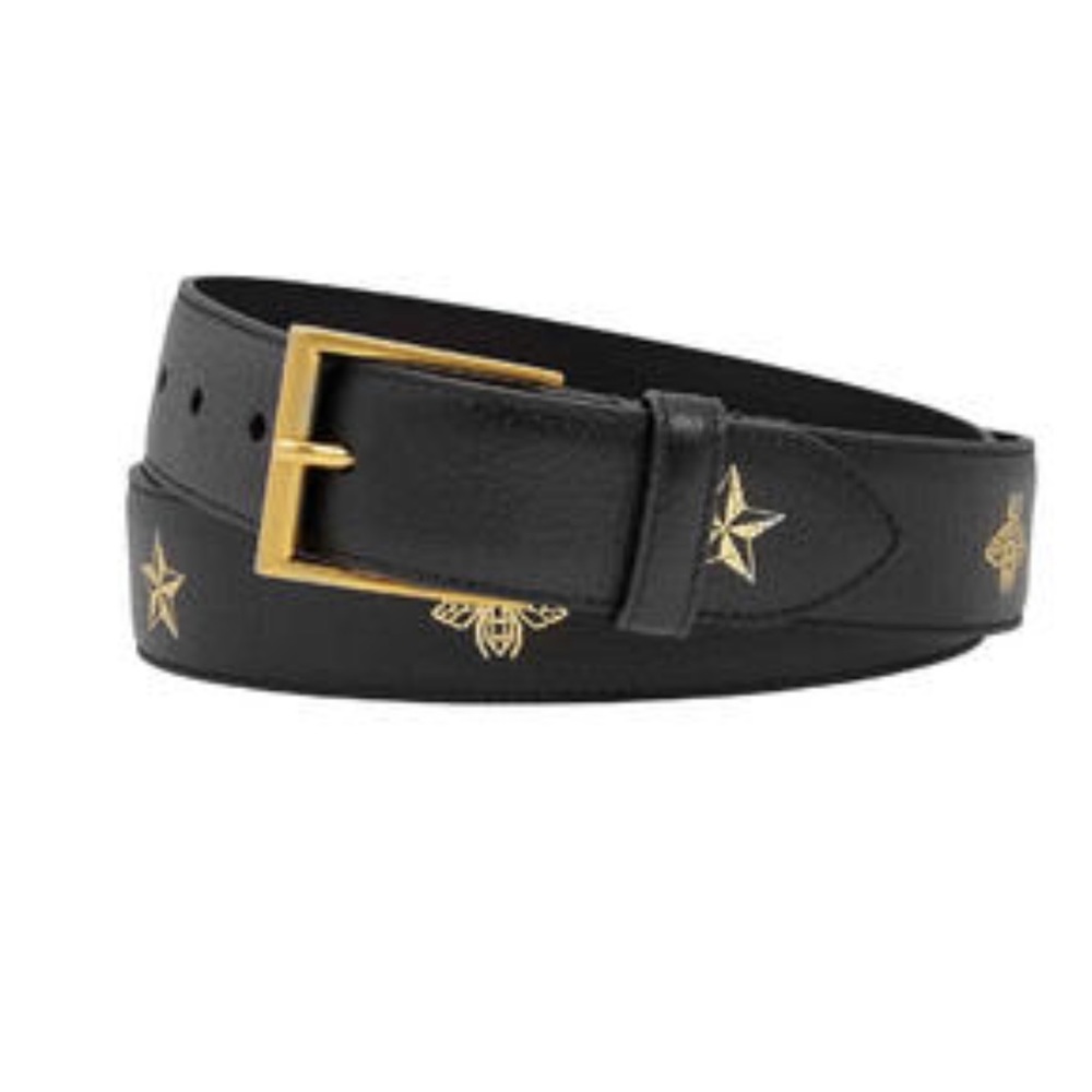 Gucci Black Grained Leather Metal Bee Detail Square Ring 115/46 Belt